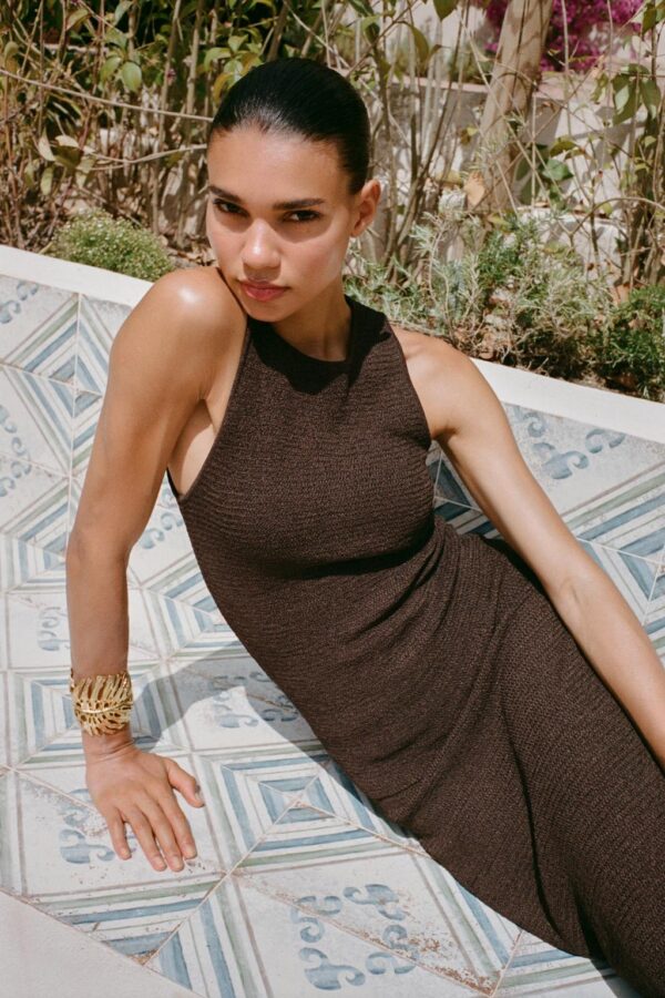 Brown Knitted Halter Dress